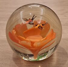 CLEAR GLASS ORANGE FLOWER FLYING BEES ROUND PAPERWEIGHT INSECTS FLYS BUGS BIRDS