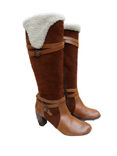 Knee Boots Brown Tan Size 7.5 EU 41 Womens Leather Suede Block Heel Jane Shilton