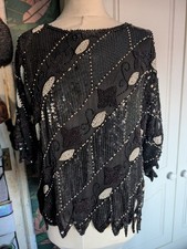 80s Vintage Glamour Black And White Beaded Blouse Size L 14/16