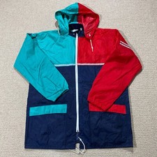 VINTAGE Waterproof Anorak Mens Medium Blue Red 90s Festival Mac Hooded Alpina