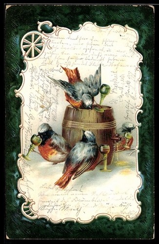 Lithograph birds drinking wine - lithograph,