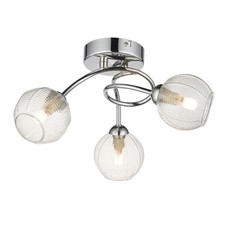 Modern Ceiling Light 3 Arm Flush Swirl Design Chrome with Ribbed Glass Shades