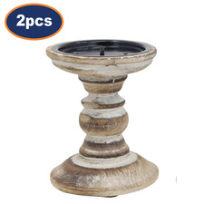 Wooden Candle Holder White Shabby Chic Pillar Candle Stick Holder Assorted 2pcs