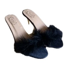 Womens black feather boa mules, 3 inch stiletto heels UK7 Alternative Footwear