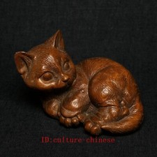 3 Inch Old Chinese Boxwood Hand Carved Cat Figurine Statue Decoration Collection