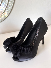 Beautiful Black Satin & Lace Pom Pom 3.5" Stiletto Heel Shoes by NEXT Size 6.5