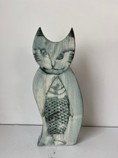Carn Pottery Blue Cat with Fish John Beusman Art Pottery Cornwall 29cm high