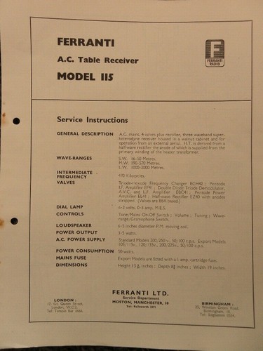 Ferranti model 115 table - 115, am