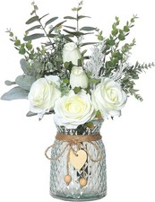 Faux White Rose Flowers with Vase Artificial Decor for Home Office Table