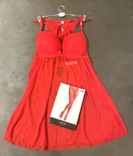 Red Lingerie Set Push-up Bra and Undies for UK10 & Lace Hold Ups Socks