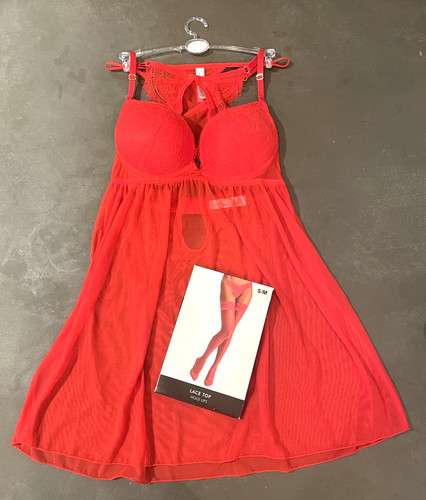 Red lingerie set push bra - red,
