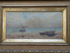 Antique Original oil painting on canvas signed by monogram LF coastal scene 1902