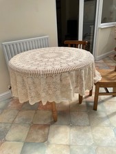 Vintage Round Hand Made Crochet Tablecloth, Beige cotton, Diameter 172cms