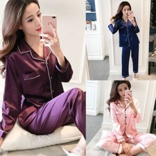 Womens Satin Pyjamas Ladies PJs Silk Long Sleeve Soft Nightwear Sleepwear Set