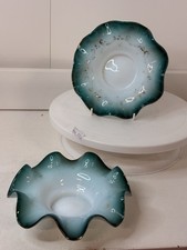 2x Antique Green Opaline Glass Ruffle Bowls