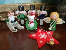 VINTAGE WOODEN CHRISTMAS DECORATIONS - NUTCRACKERS, ANGEL, SLEIGH, CAT & STAR