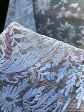 Antique early 1900s French Silk Tulle Net Embroidered Fabric Panel