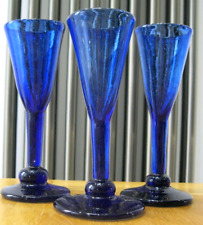 3x Cobalt Blue Bubbled Recycled Glass Georgian Style Port/Sherry Firing Glasses