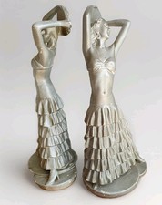 Vintage Art Deco Plaster Sculpture Lady Figurines x2 Painted Silver Pair H 39cm