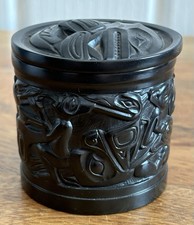 BOMA Resin Black Trinket Box Lidded Pot First Nation Haida Art Canada Tiki 2”