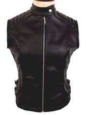 Womens Biker Style Waistcoat Soft Lambskin Leather Ladies Sleeveless Black Vest