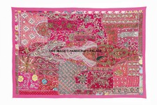 60" HUGE ANTIQUE SARI BEADED SEQUIN EMBROIDERY DECOR THROW WALL HANGING TAPESTRY