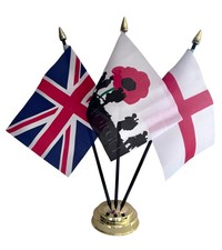 LEST WE FORGET and UNION JACK and ST GEORGE TABLE FLAG SET of 3 flags and base