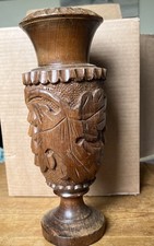 Heavy hand Turned Ornately Carved  wooden vase. Depicting A Grape Vine . 12”