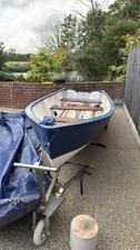 Fiberglass Rowing Dinghy Boat with Oars & Cover, Motor+ Battery Tender / Fishing