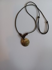 Vintage Pearlescent Shell Disk Necklace Tribal Fabric Cord Boho Hippy 20 Inches