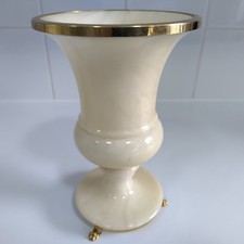 Italian alabaster stone vase pot 20cm footed brass rim 1960s vintage RB Italy