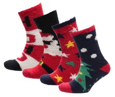 Men's Christmas Cosy Socks 4 Pairs Fluffy Xmas Non-Slip Gripper Slipper Socks