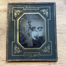 Victorian 1892 Tintype Photo Women & Boy In Hats - German, Glazed 12x10cm