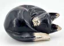 Vintage SLEEPING BLACK & WHITE WOODEN CAT SCULPTURE
