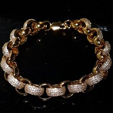Gold Belcher Bracelet 12mm Simulated Diamonds  9" Adjustable 18k Gold Layered