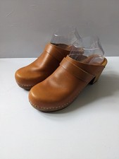 Sanita Tan Leather Wooden Clogs EU40 UK7 Slip On Mule Scandi Retro 70s Vintage