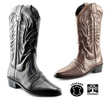 Mens Leather Pull On Western Cowboy Mid Calf Biker Casual Boots Shoes Size
