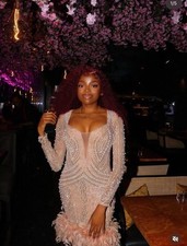 House of Maguie High Class Girl Tan Sweetheart Feather Hem Mini Dress S RRP £149