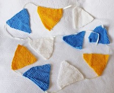Hand Knitted Bunting ~ Blue, Yellow, White ~ 2.3 metres long ~ 10 Flags