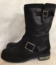 Jimmy Choo Mid Calf Boot Black Suede Rhinestone Buckles Crystal Heel Sz 37 1/2