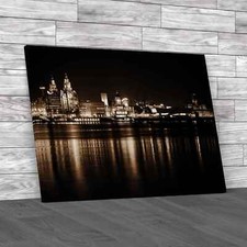 Night Time Liverpool City Reflections Sepia Canvas Print Large Picture Wall Art