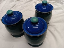 Denby Pottery Kitchen Storage Jars X 3 Green  With Blue Lids