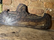 Antique Wooden Flemish Art Stove Native  American Canoe Pyrography  18”X 9 Sign