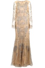 MONIQUE LHUILLIER TAN BEAD AND TULLE MAXI DRESS US 8 UK 12