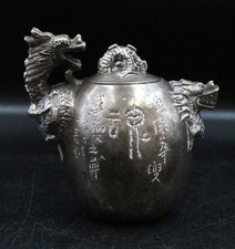 Atq CHINESE Silver Toned DRAGON Ornate TEAPOT w/Inscriptions Signed 10cm - C04