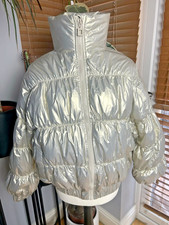 Metallic Silver Duck Down High Neck Women’s Puffer Jacket Coat Size M (G3)