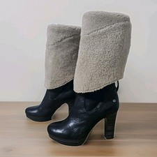Ugg Black Leather Fur Lined Boot Size UK 4.5 Over The Knee Boots 