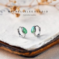 Minimalist White Opal Droplet Huggie Hoop Earrings in Sterling Silver
