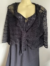 Black Crochet Lace Sequin Bolero Jacket Tie Front 3/4 Sleeves Collar & Frill