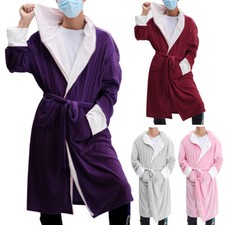 Soft Flannel Dressing Gown Warm Hooded Bathrobe Housecoat Nightwear Mens Ladies